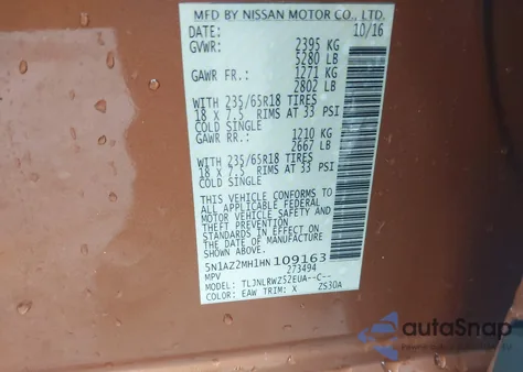 2017 Nissan Murano Sl from USA, damaged, VIN 5N1AZ2MH1HN109163